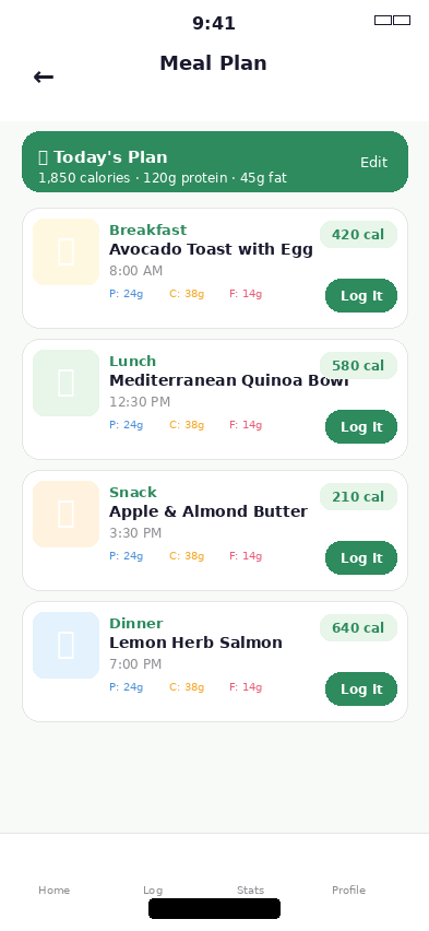 CalorieToday meal plan screen with logged meals